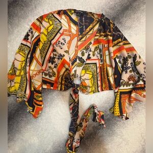 Hers & Mine Boho Scarf Print Tie Front Crop Blouse Size Small Colorful Patchwork